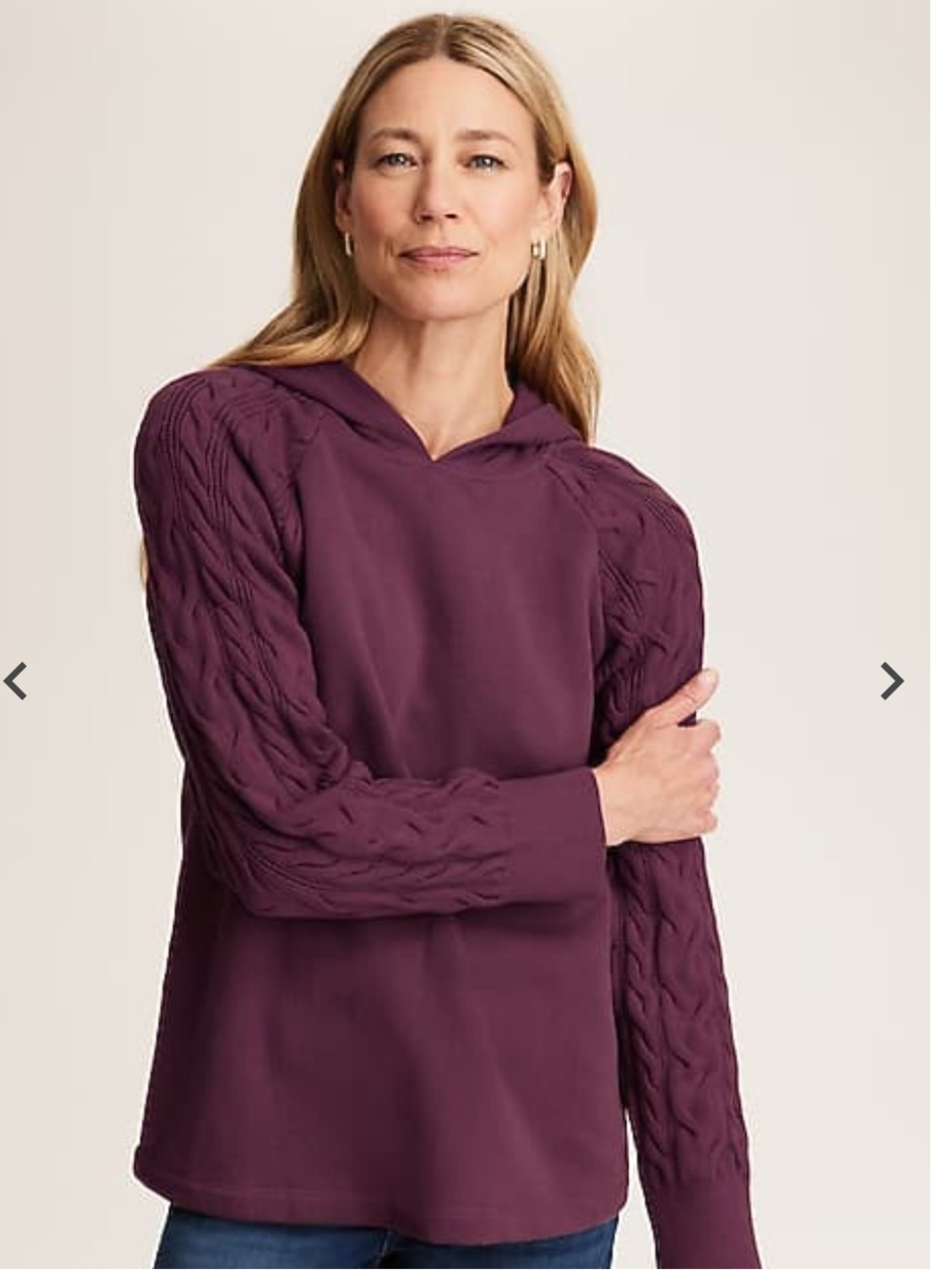 J.Jill French Terry & Cable-Knit Hoodie‎  Pullover Top in radicchio plum